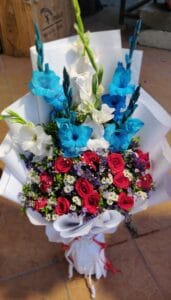 Grace in Bloom: Red Roses, White & Blue Gladiolus Wrapped in White