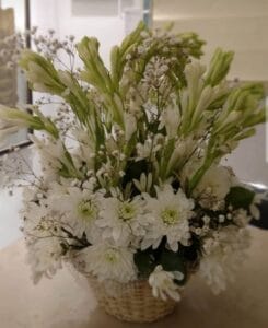 White Flower Basket with Baby’s Breath – Pure & Elegant Floral Gift