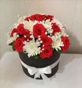 Blossom Whisper – Chrysanthemum, Red Rose & Baby’s Breath Gift Bucket