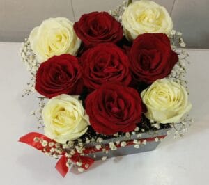 Elegant Touch – 5 Red Roses, 4 White Roses, Imported Flower & Baby’s Breath Gift Basket